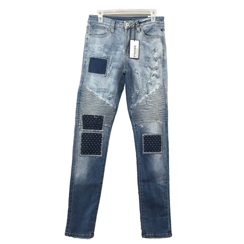 New Mens Rue21 Size 32/36 (32/32) Premium Stacked Skinny Patch Distressed‎ Jeans